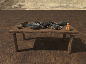 A wooden table with food 3D Model