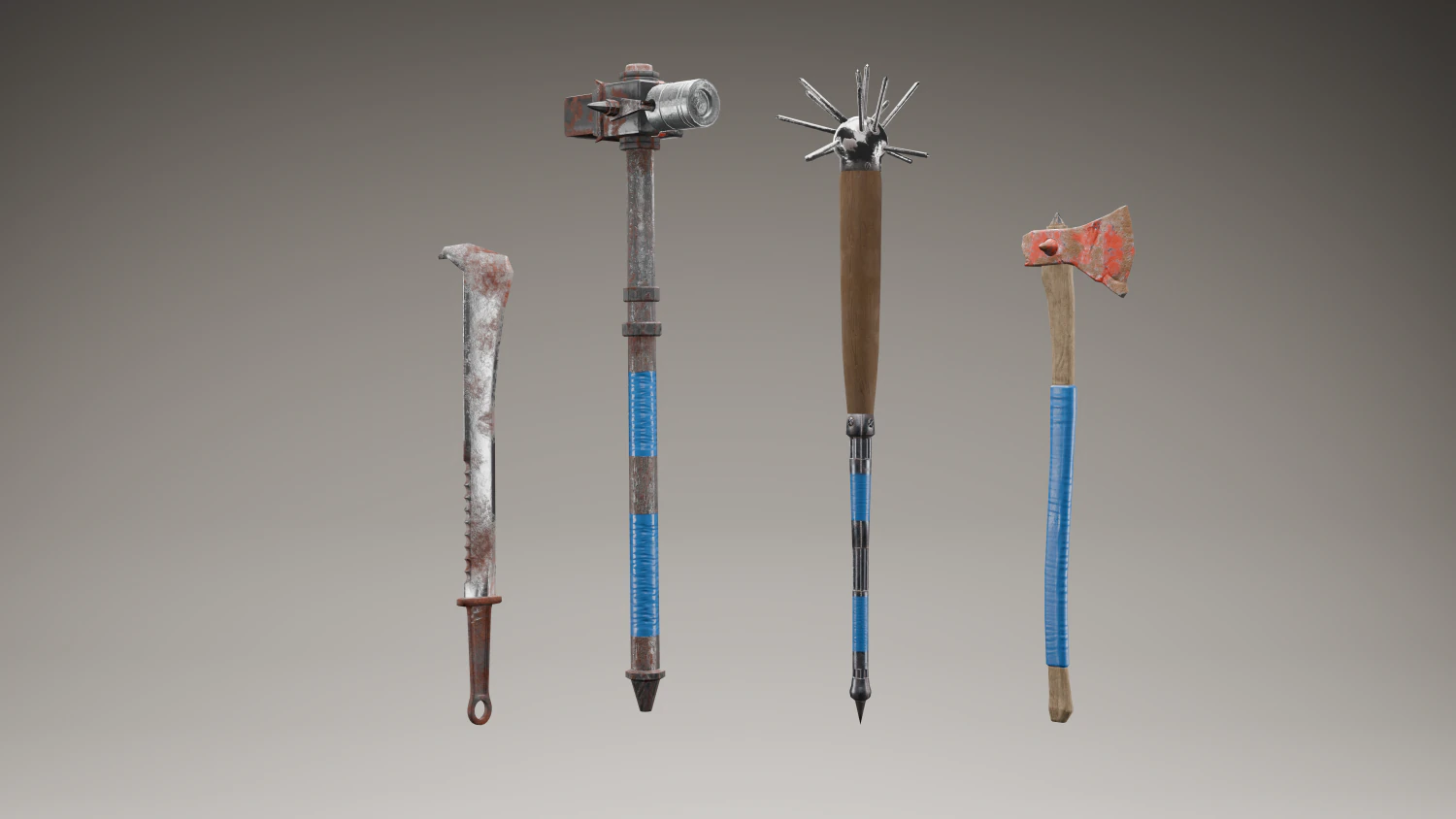 Collection of 4 models of cold weapons in post apocalypse style 3D Model .c4d .max .obj .3ds .fbx .stl .blend 