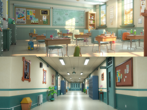 Cartoon Classroom Corridor Modelo 3D