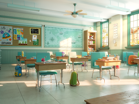 Cartoon Classroom Corridor 3D Model