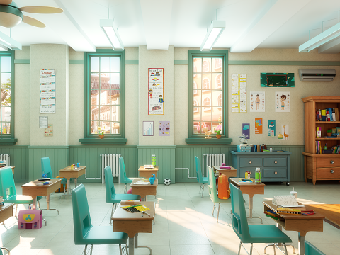 Cartoon Classroom Corridor 3D Model