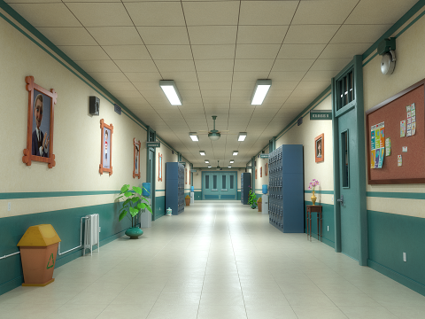 Cartoon Classroom Corridor 3D Model