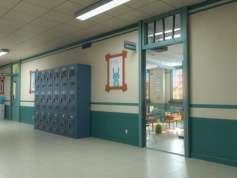 Cartoon Classroom Corridor 3D Model
