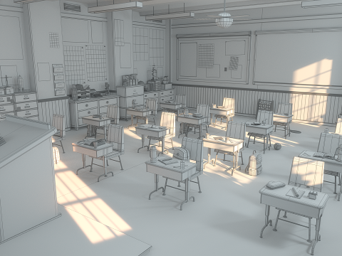 Cartoon Classroom Corridor 3D Model
