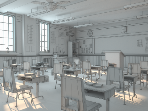 Cartoon Classroom Corridor 3D Model
