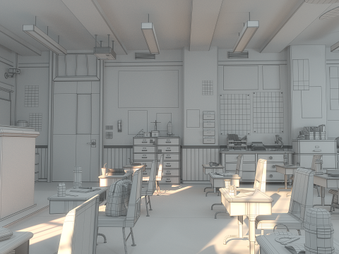 Cartoon Classroom Corridor 3D Model