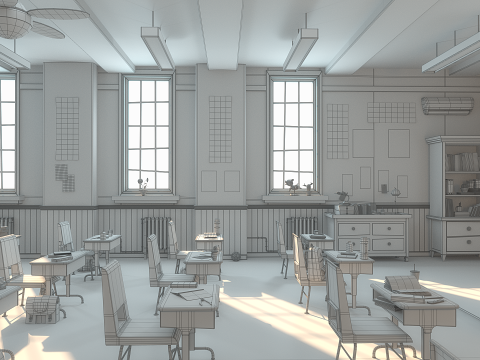 Cartoon Classroom Corridor 3D Model