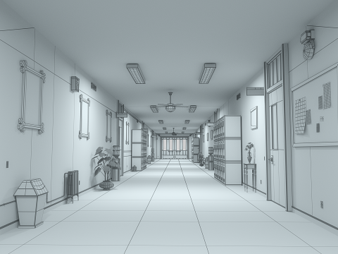Cartoon Classroom Corridor 3D Model