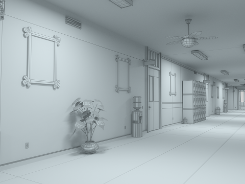 Cartoon Classroom Corridor 3D Model