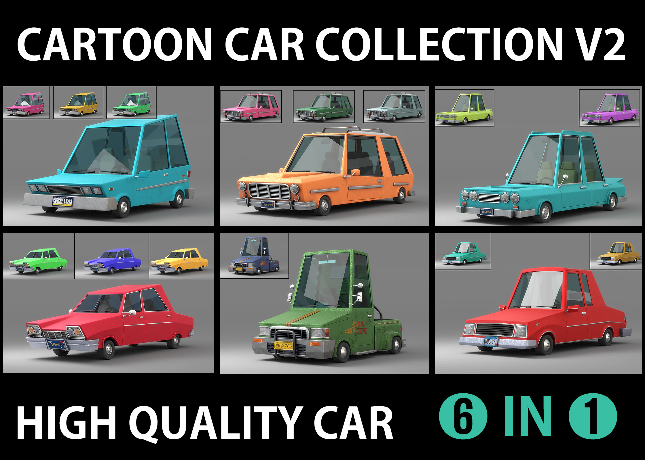 Cartoon Car Collection V2 3D Model .c4d .max .obj .3ds .fbx .stl .blend 