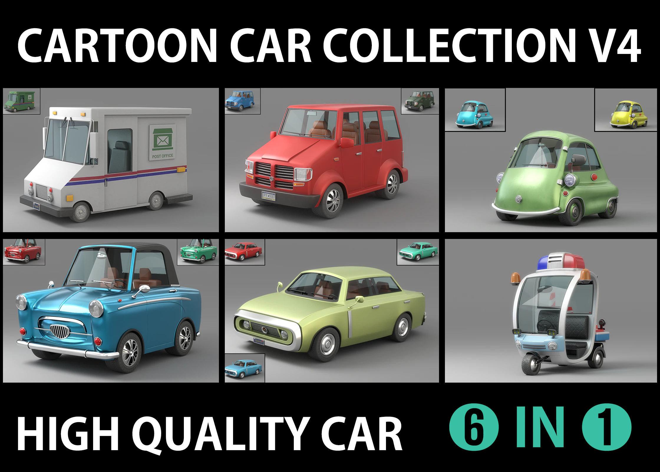 Cartoon Car Collection V4 3D Model .c4d .max .obj .3ds .fbx .stl .blend 