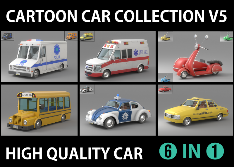 Cartoon Car Collection V5 3D Model .c4d .max .obj .3ds .fbx .stl .blend