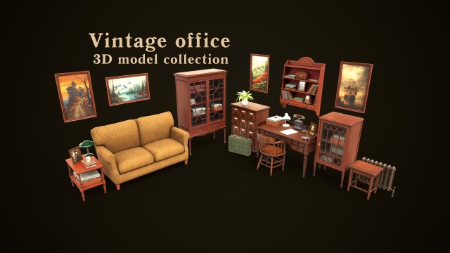 Vintage Office Set Model 3D .c4d .max .obj .3ds .fbx .stl .blend 
