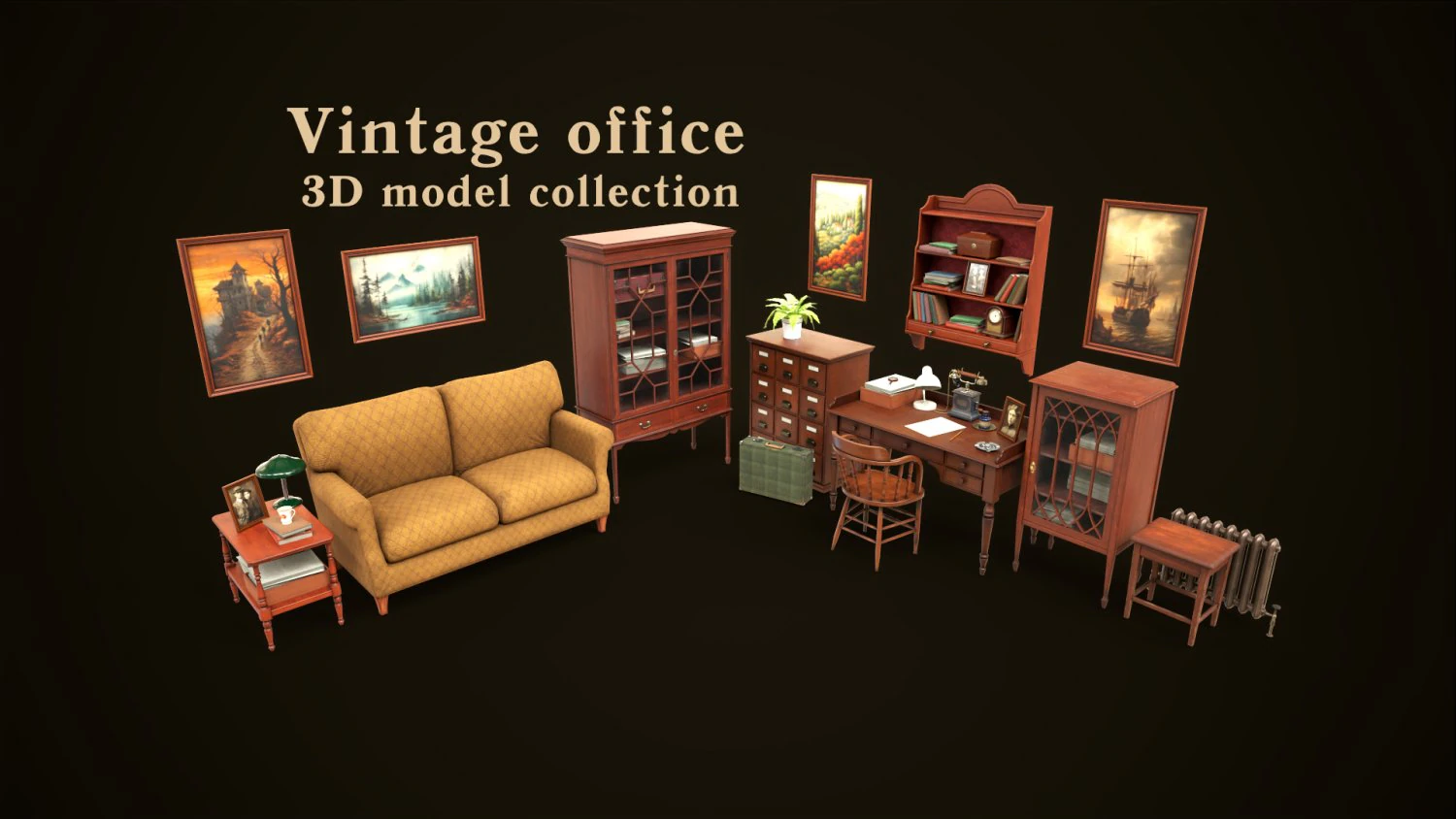Vintage Office Set 3D Model .c4d .max .obj .3ds .fbx .stl .blend