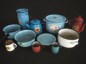 Enamel tableware set 3D Model