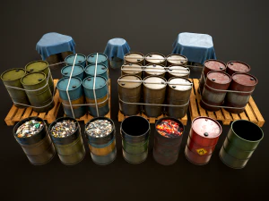 Large set of metal barrels 3D Model