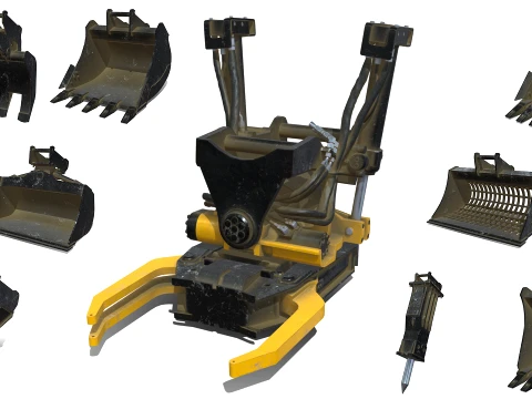 Tiltrotator with Grapple 8 Excavator Attachments Textured Pack 3D Model