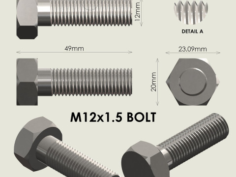M12x15 Schraube und Mutter 3D Druckmodell