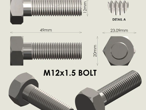 M12x15 Bolt and Nut 3D Print Model