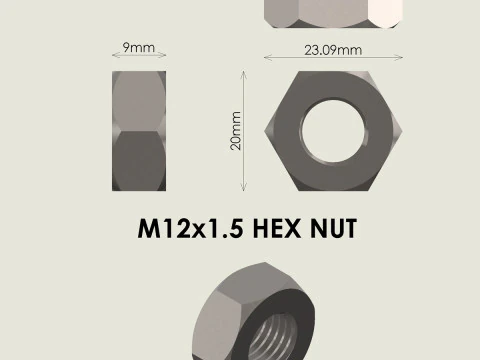 M12x15 Bolt and Nut 3D Print Model