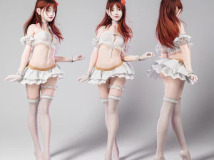 穿着蕾丝套装的红发性感女孩 3D 模型