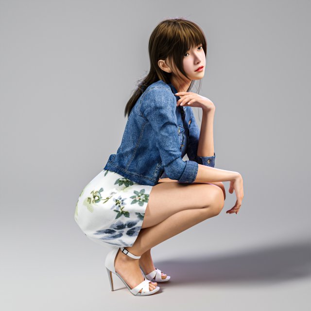 Squatting girl looking 001 3D मॉडल .c4d .max .obj .3ds .fbx .stl .blend 