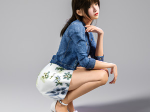 Squatting girl looking 001 3D Model