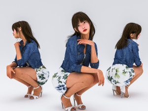 Squatting girl looking 001 3D मॉडल
