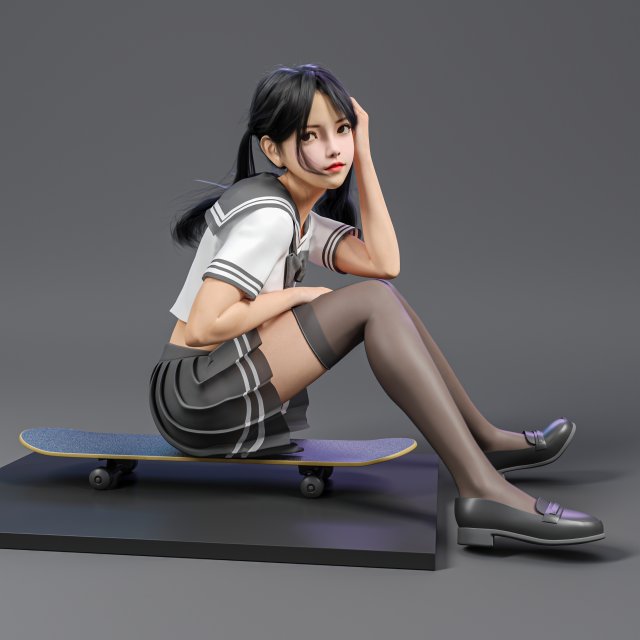 A cute girl in jK sitting on the skateboard 3D-Modell .c4d .max .obj .3ds .fbx .stl .blend 