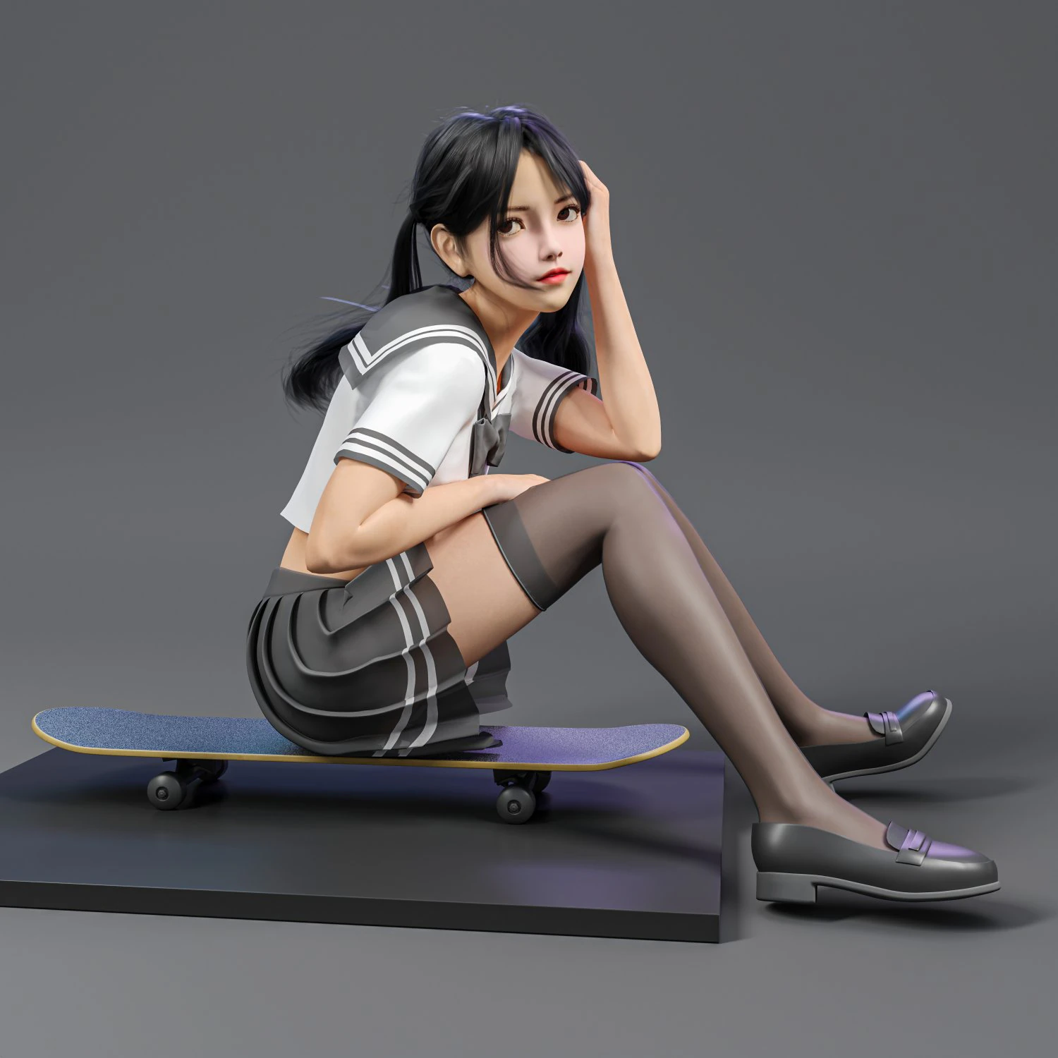 A cute girl in jK sitting on the skateboard 3D Model .c4d .max .obj .3ds .fbx .stl .blend 