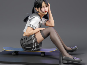 A cute girl in jK sitting on the skateboard 3D Модель