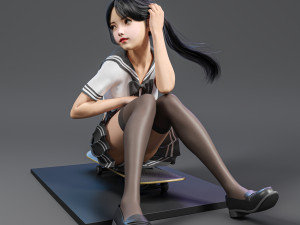 A cute girl in jK sitting on the skateboard 3D-Modell