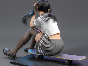 A cute girl in jK sitting on the skateboard 3D-Modell