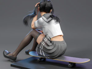 A cute girl in jK sitting on the skateboard 3D Model