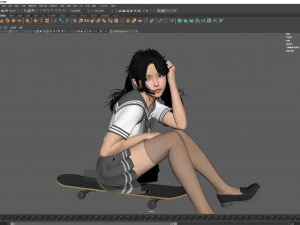 A cute girl in jK sitting on the skateboard 3D Model