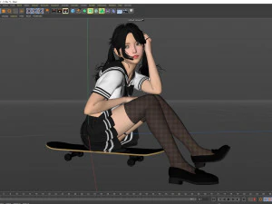 A cute girl in jK sitting on the skateboard 3D Model