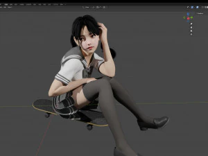 A cute girl in jK sitting on the skateboard 3D Model