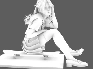 A cute girl in jK sitting on the skateboard 3D Model