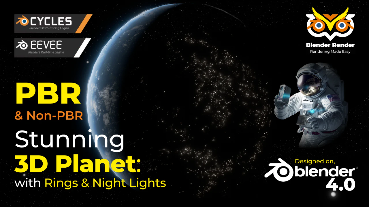Photorealistic 3D Planet Model Featuring Rings and Night Lights Low-poly 3D Model .c4d .max .obj .3ds .fbx .stl .blend 