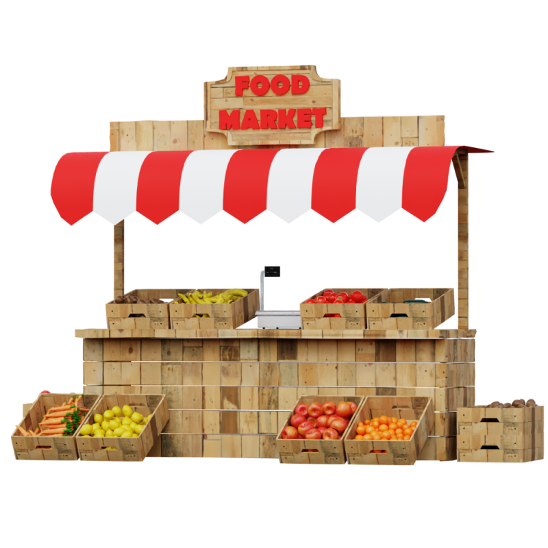 Wooden Food Market Stall with Fruits and Vegetables 3D 모델 .c4d .max .obj .3ds .fbx .stl .blend