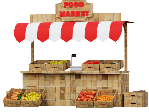Wooden Food Market Stall with Fruits and Vegetables Modelo 3D