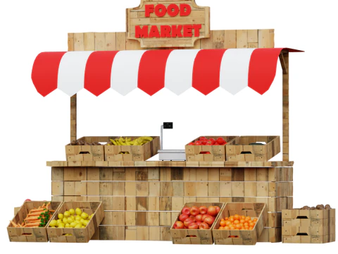 Деревянный прилавок продовольственного рынка с фруктами и овощами 3D Модель
