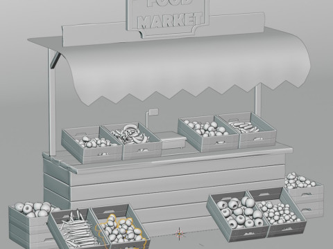 Wooden Food Market Stall with Fruits and Vegetables 3D 모델
