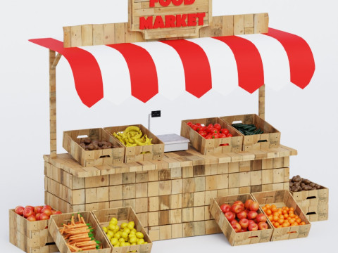 Wooden Food Market Stall with Fruits and Vegetables 3D 모델