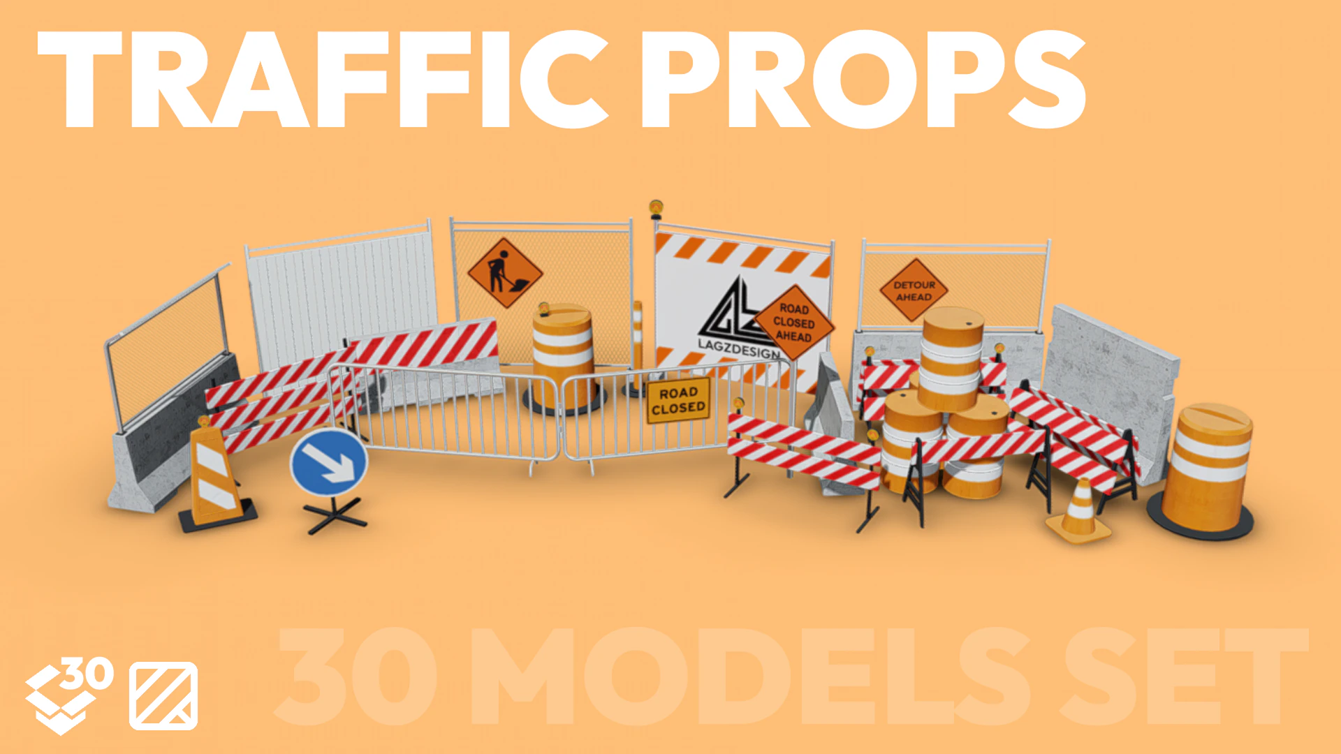 Traffic Props and Barricades Set 3D Model .c4d .max .obj .3ds .fbx .stl .blend 