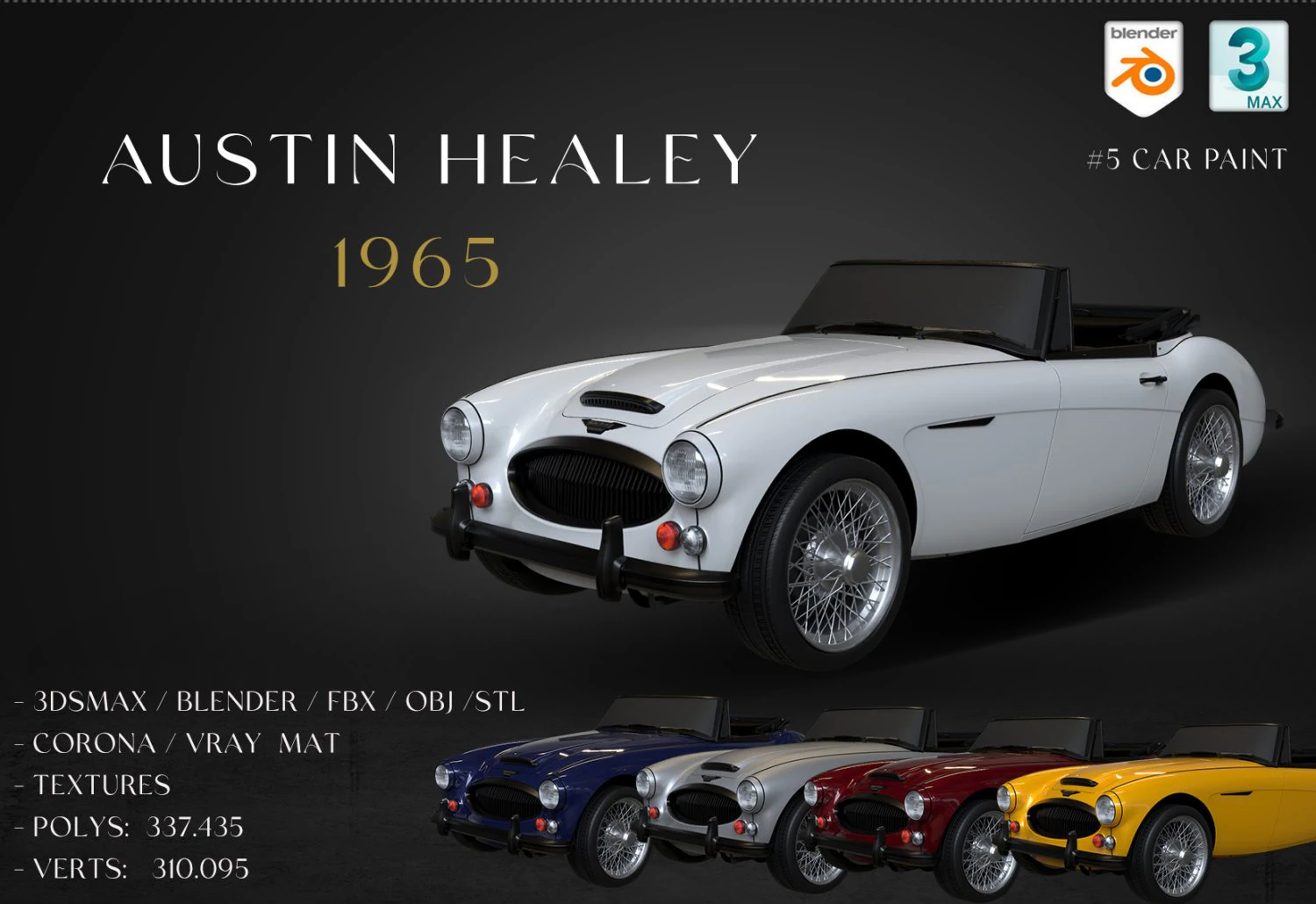 1965 Austin Healey 3000 MkIII 3D Model .c4d .max .obj .3ds .fbx .stl .blend 