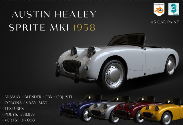 1958 Austin Healey Sprite MKI 3D Model .c4d .max .obj .3ds .fbx .stl .blend 