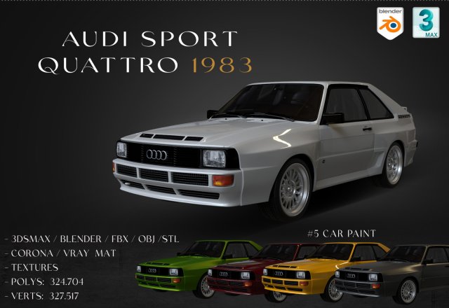 1983 Audi Sport quattro 3D Model .c4d .max .obj .3ds .fbx .stl .blend 