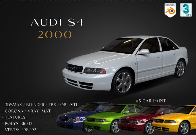 2000 Audi S4 Modèle 3D .c4d .max .obj .3ds .fbx .stl .blend 