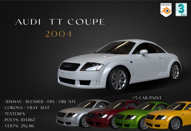 2004 Audi TT Coupe 3D Model .c4d .max .obj .3ds .fbx .stl .blend 